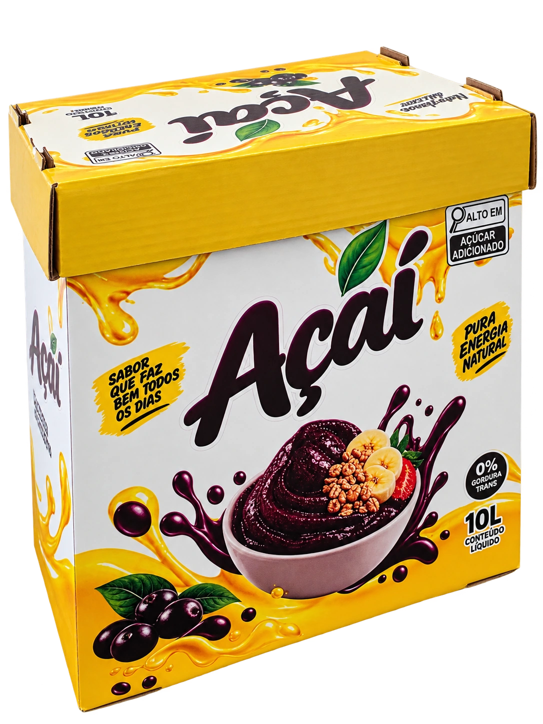 Caixa personalizada para açaí com a parte superior da tampa visível