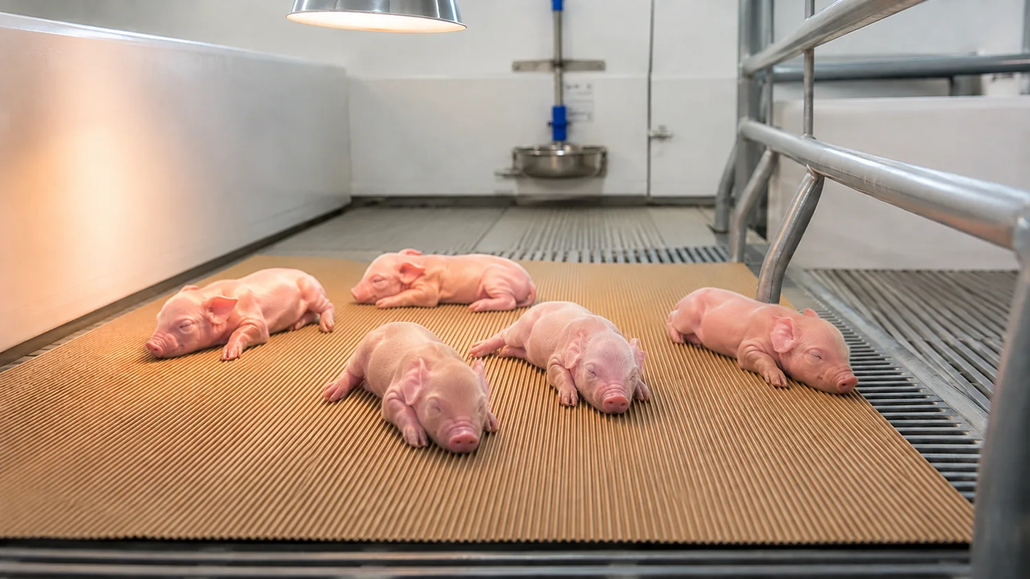 Leitões recém-nascidos deitados sobre forração de onda exposta simples em maternidade suína