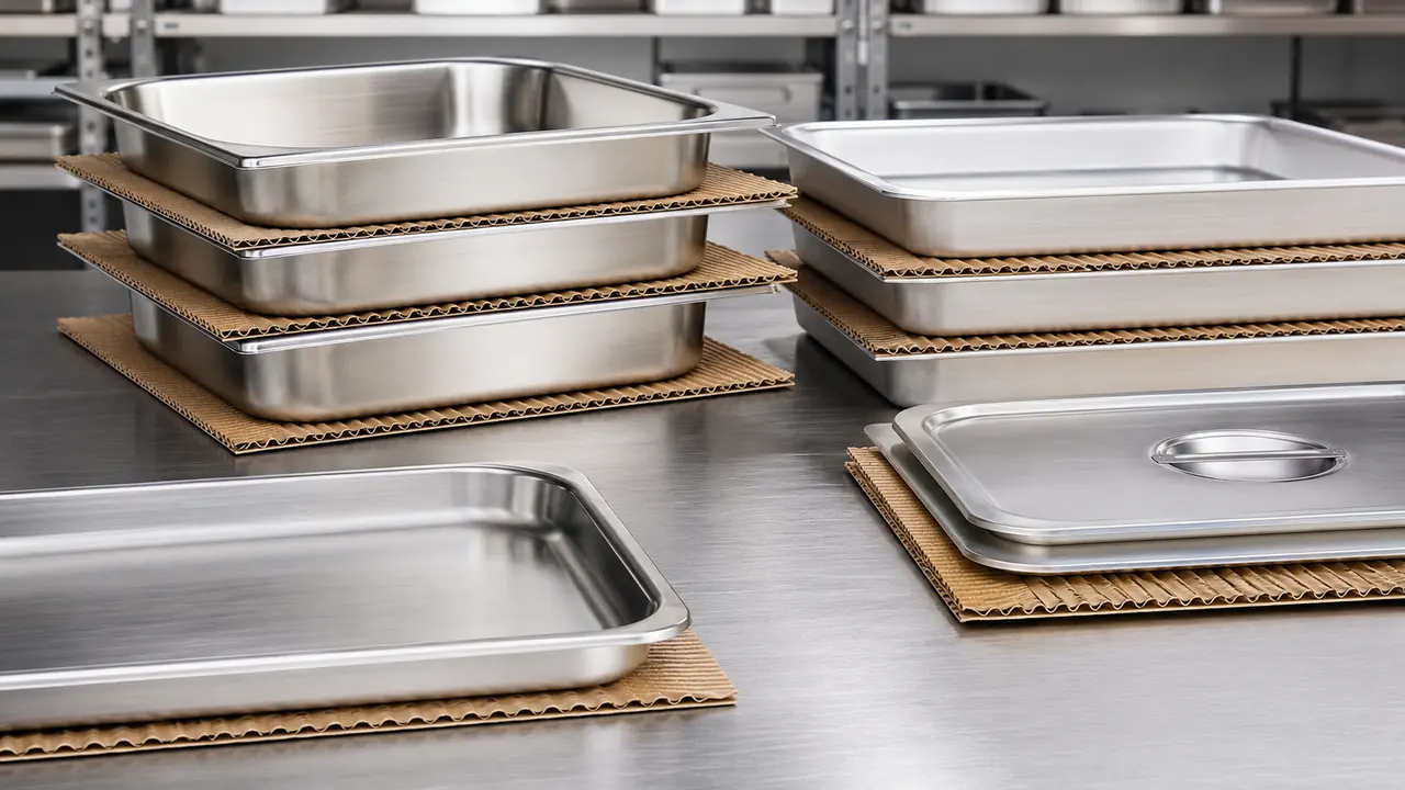 Utensílios de inox e alumínio separados por onda exposta face simples